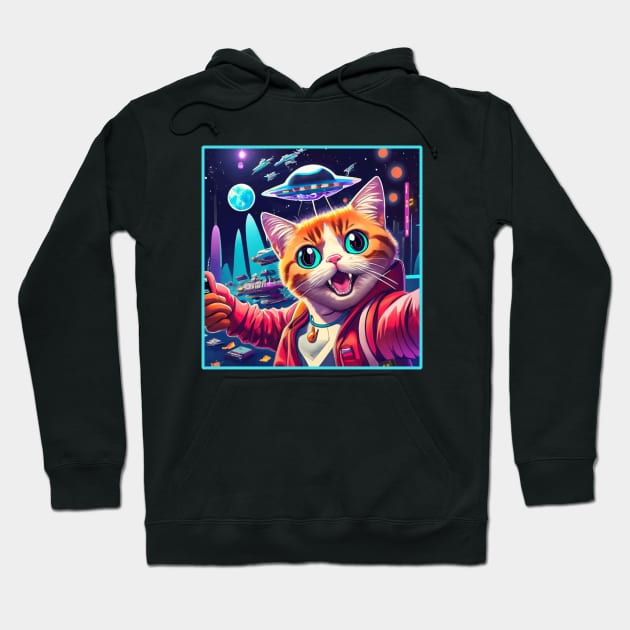 Funny Cat Alien UFO Selfie Hoodie by Etopix